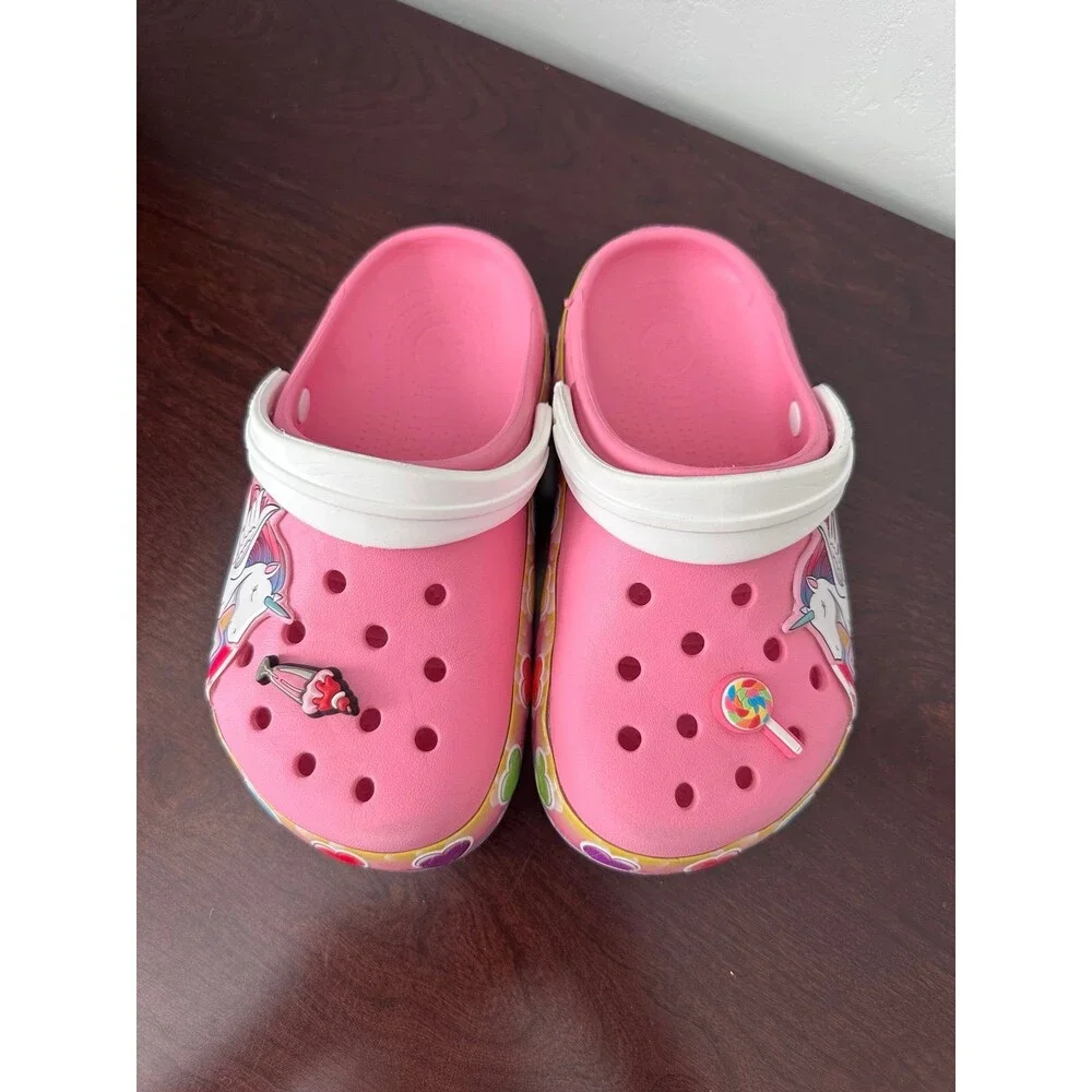 Crocs J1 Kids Pink Unicorn Rainbow Hearts Clogs Jibbitz Shoes Good Condition